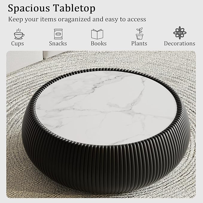 27.55" Black Round Coffee Table, Drum Coffee Table with Sintered Stone Tabletop and Fluted PU Leather Covered and Stable Base, Circle Cocktail Tea Table for Living Room