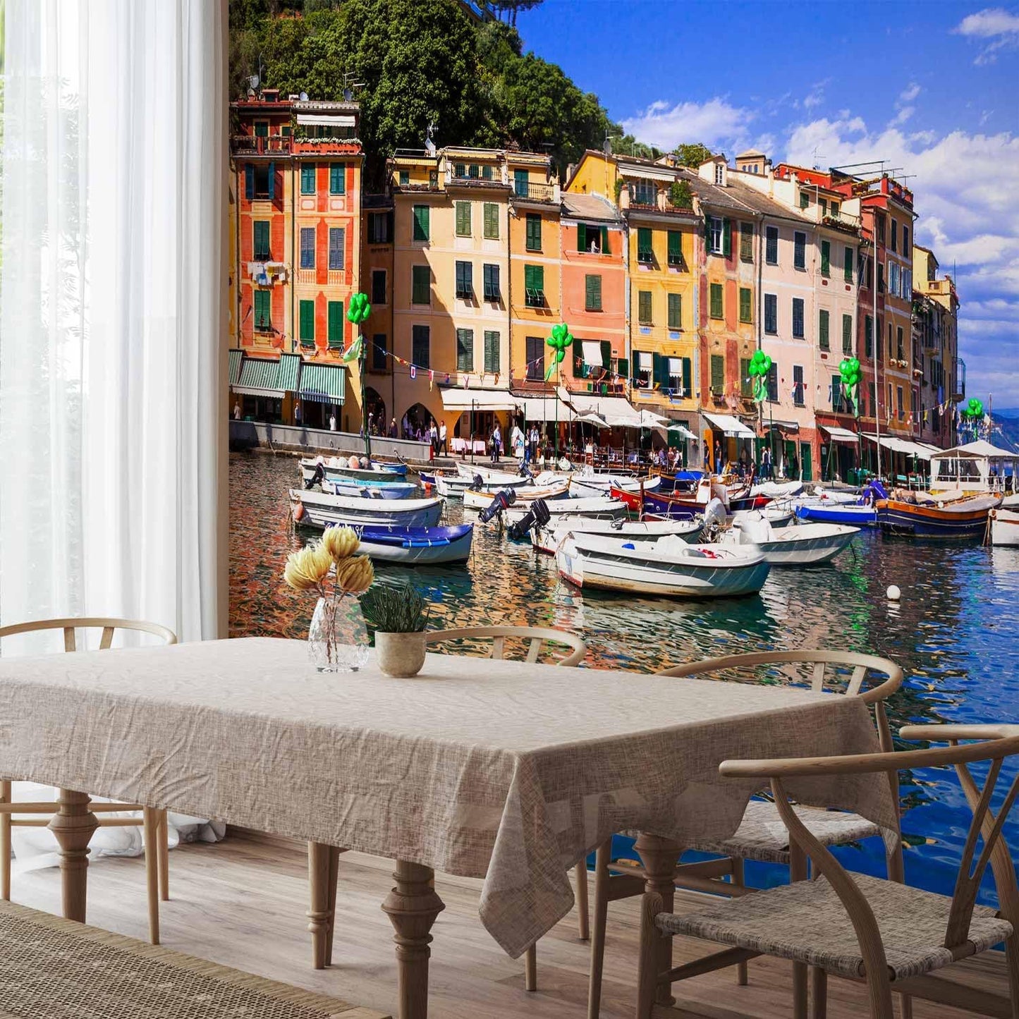 artgeist Premium Wall Mural Architecture 216x98 in - Non-Woven Photo Wallpaper Art Print Fleece Wall Mural Decoration Poster Picture Design City Lake Boat Like Painted d-B-0297-a-a