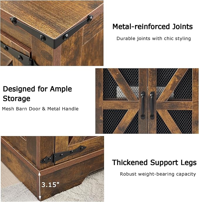 21.1" Farmhouse End Table Set of 2 with Charging Station and Mesh Barn Door, Rustic Wood Nightstand with Storage Shelf for Living Room & Bedroom, Brown