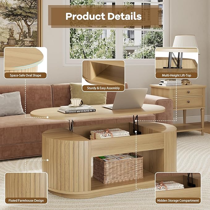 Oval Lift Coffee Table, 43 Inch Lift Top Coffee Table with Storage for Living Room, 2-Tier Rustic Lift Up Tabletop Mid Century Center Tables with Hidden Compartment for Apartment, Light Oak Brown
