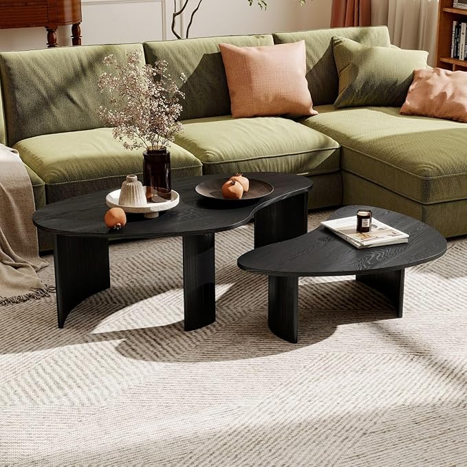Black Wood Coffee Tables Set of 2 for Living Room, Modern Nesting Center Table with Fluted Solid Rubberwood Legs and Oval Mango Shape for Small Apartment