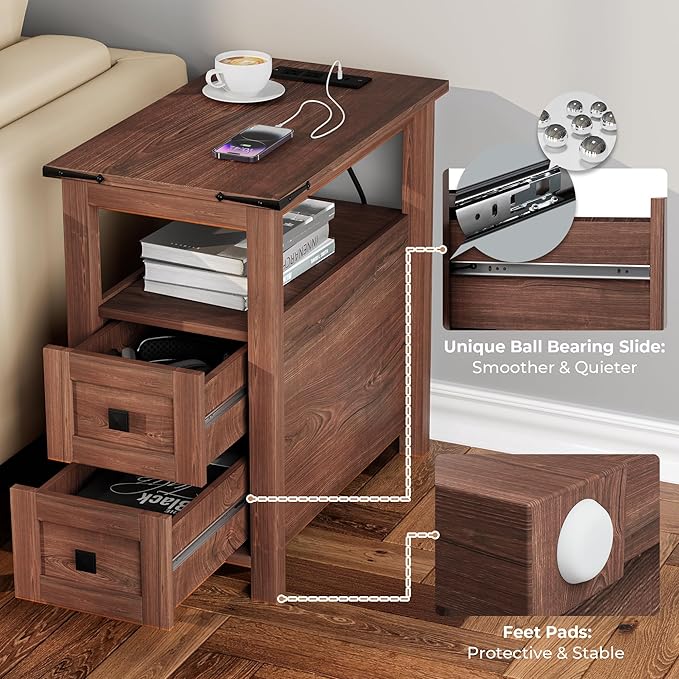 Farmhouse End Table with Charging Station and 2 Storage Drawers, Cherry Wood Nightstand Narrow, Skinny Side Table Rustic, Slim Bedside Table, Open Shelf, Small for Bedroom, Living Room, Sofa