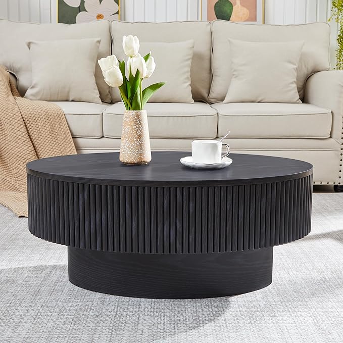 Oval Coffee Table with Hidden Storage, 31.5 Inch Wide Modern Coffee Table, Center Table with Fluted Veneered, Accent Tea Table for Small Space Living Room Apartment (Black)