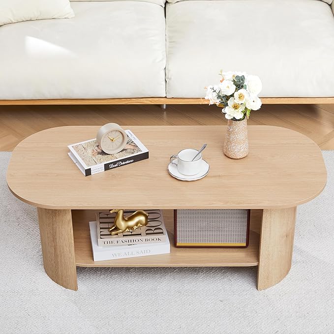 43.3” Oval Coffee Table for Living Room, Wood Farmhouse Coffee Tables with Storage, 2-Tier Center Table with Storage Shelf Low Tea Table for Small Space, Home, Office, Easy Assembly (Natural)