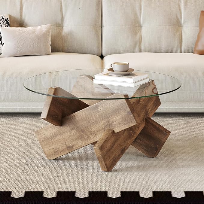 Natural Round Glass Coffee Table,33-Inch Coffee Tables for Living Room Clear Circle Accent Table Adapts to Farmhouse and Contemporary Decor