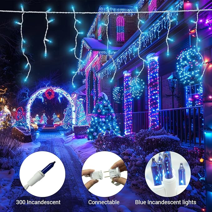 2 Pack New One Icicle Lights - 17.67 FT, 300 Incandescent Blue Drops with White Wire, 3 Connectable Strings, Holiday Party Lights