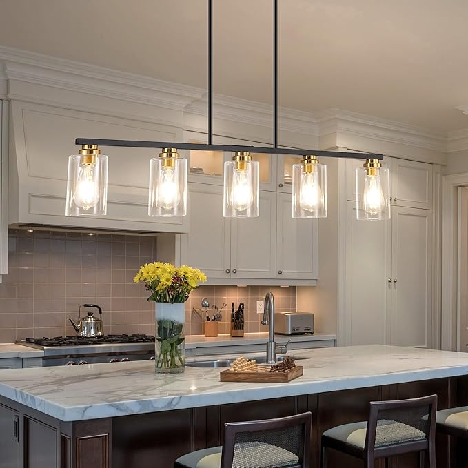Island Light for Kitchen, Black and Gold Dining Room Light Fixture Over Table, 5-Light Linear Chandelier Pendant Lighting for Dining Table Kitchen Island Living Room