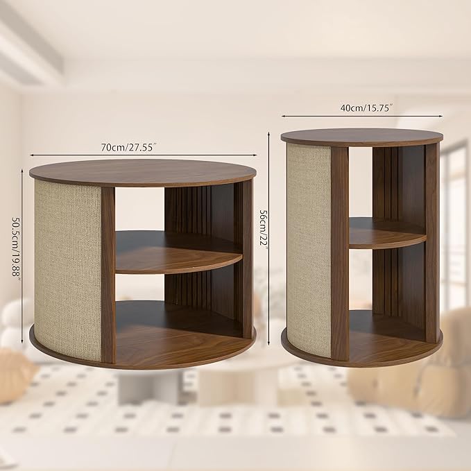 Round Coffee Table Set, 2-Tier Boho Mid Century Modern Wooden Center Coffee Table and End Table Sets of 2 with Adjustable Shelf, Sackcloth Finish, Farmhouse, for Living Room, 27.5 Inches, Walnut