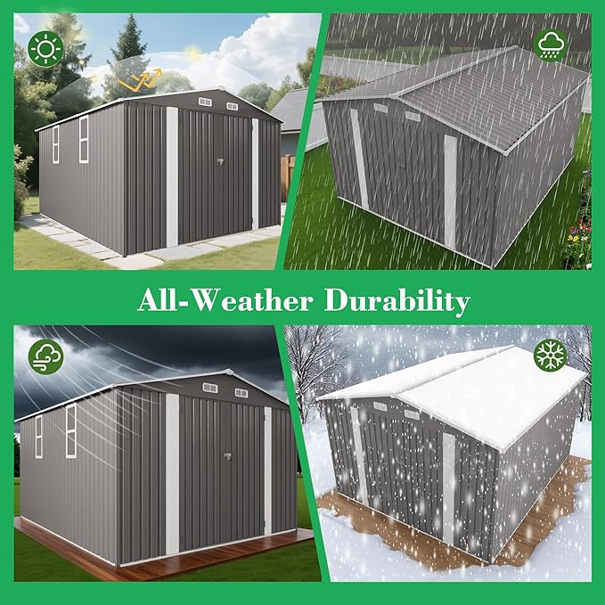 10x12 FT Outdoor Storage Shed, Large Metal Garden Shed with 2 Windows, Outside Tool Sheds with Lockable Hinged Doors, Waterproof Storage Building with 4 Air Vents for Backyard, Patio, Lawn, Gray