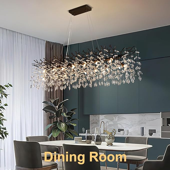 YUYI 60" Black Tree Branch Chandelier, 16-Light Rectangular Crystal Chandelier for Dining Room Kitchen Island, Luxury Modern K9 Crystal Raindrop Chandeliers Light Fixture for Living Room