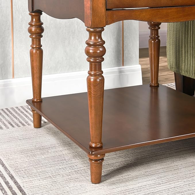 2-Set Solid Wood End Table with Drawer and Storage Shelf, Anne Queen Designed Beside Table with Solid Wood Roman Legs, Square Accent Tables and Meeting Table for Living Room, Bedroom Cherry Brown