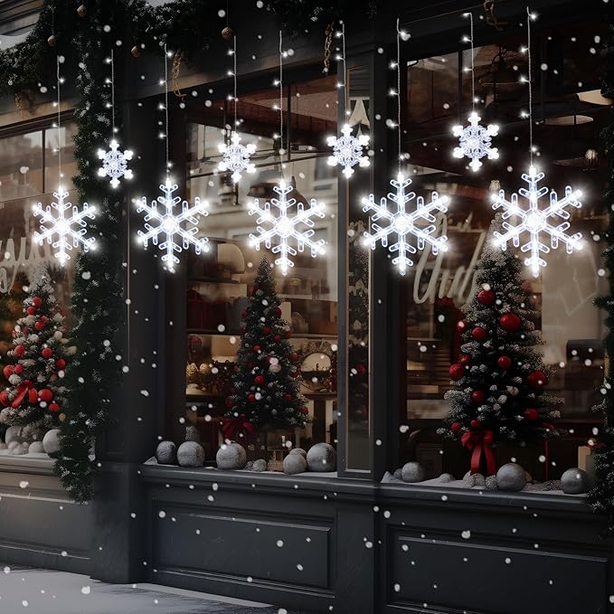 Christmas Snowflake Lights Decorations, 5.3FT Remote&Time 8 Light Mode with Battery Powered 112 White LED Window Curtain Lights for Tree, Eaves, Garden, Yard, Indoor Outdoor Xmas Lamp Decor