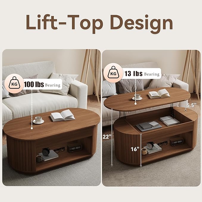47 Inch Lift Top Coffee Table with Storage for Living Room, 2-Tier Rustic Lift Up Tabletop Mid Century Center Tables with Hidden Compartment for Apartment, Dark Walnut Brown