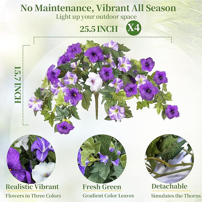 4PCS Artificial Fake Flowers Plants for Outdoors Decoration No Fade Faux Petunias UV Resistant Realistic Silk Flowers for Home Garden Balcony Yard Porch Deco (Purple White)