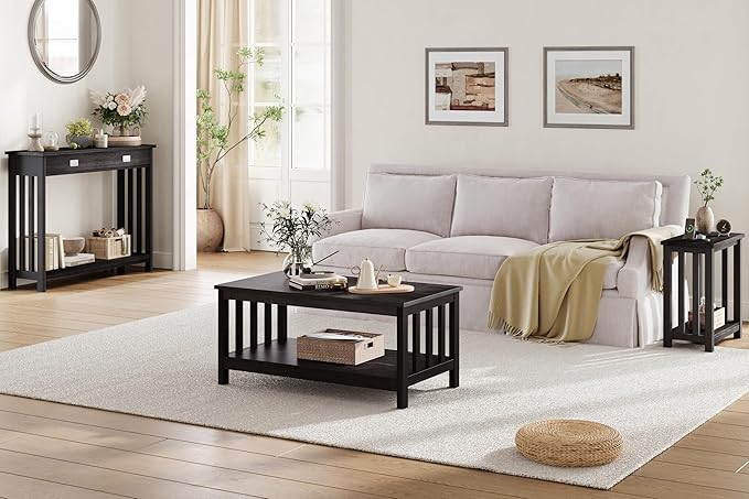 ChooChoo Mission Coffee Table, Black Wood Living Room Table with Shelf, 47 inch