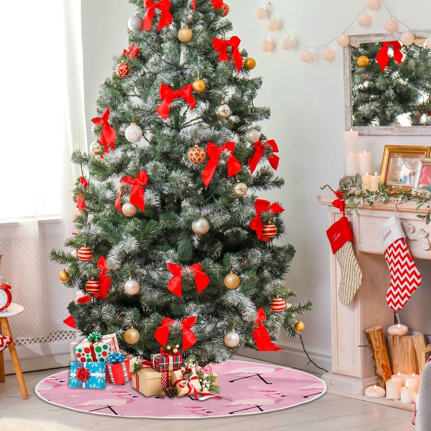 Christmas Pink Flamingo Tree Skirt, Seasonal Tree Mat Holiday Party Supplies Ornaments Indoor Outdoor Decorations for Tabletop Trees 35.4 Inches