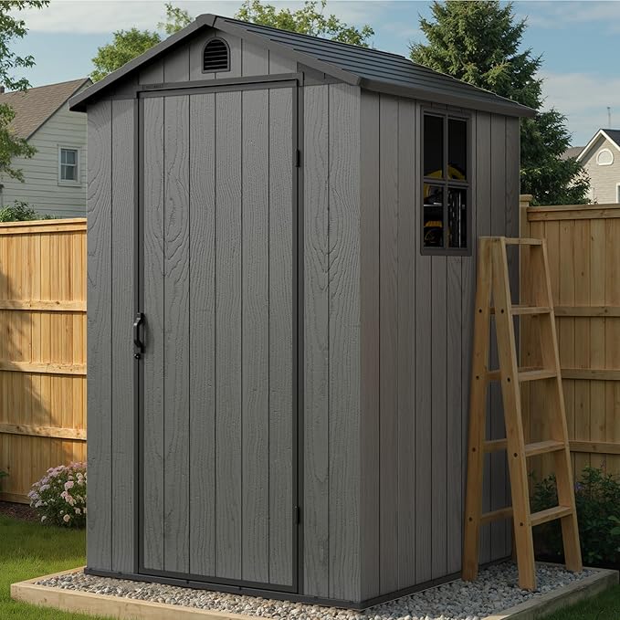 Greesum 4x4FT Plastic Storage Shed with Floor, Resin Outdoor Storaged Sheds with Lockable Door, All Weather Durable Tool Shed with Window and Vent, for Garden, Backyard, Patio, Dark Gray