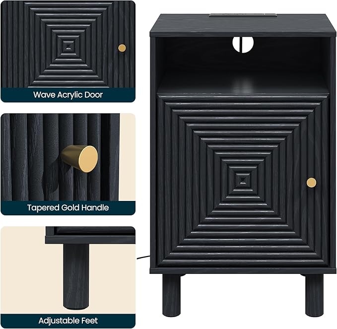 RoyalCraft Nightstand with Charging Station, Modern Side Table with Door, Accent End Table with Solid Wood Legs, Bedside Table for Bedroom, Entryway, Black