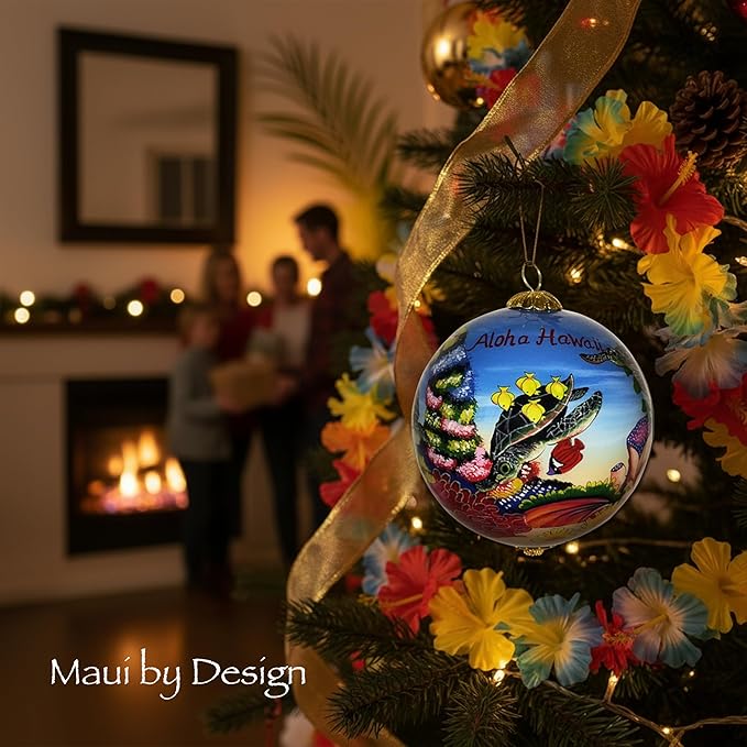 Collectible Hawaiian Sea Turtles Ornament Collectible, Hand Painted from Inside The Glass TA/H