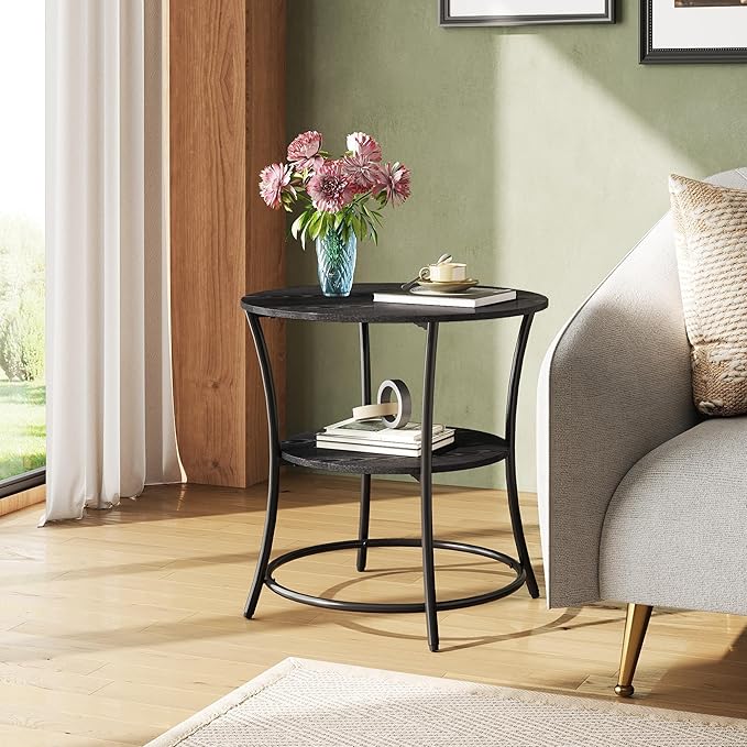 WLIVE Side Table, Round End Table with 2 Storage Shelves for Living Room, Bedroom, Nightstand with Steel Frame for Small Spaces, Accent Coffee Table, Black