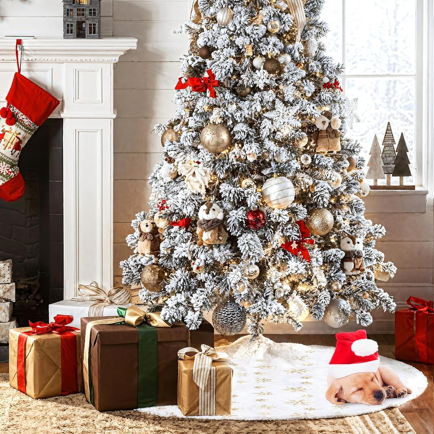 Christmas Tree Skirt 48Inch, Holiday Part Decorations for Christmas Tree, Whit Plush Glod Sequin Snowflake Tree Shirt for Xmas