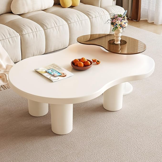 Nesting Coffee Table Set of 2, Irregular Shape Center & Small Tempered Glass Top Accent Side Table, Modern Home Decor Table Set for Living Room, Bedroom, Office