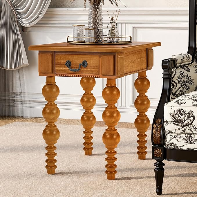 Amposei Retro Wooden Side End Table Vintage Nightstand Bedside Table with 1 Storage Drawer & Solid Wood Legs for Living Room Bedroom, No Assembly, Natural