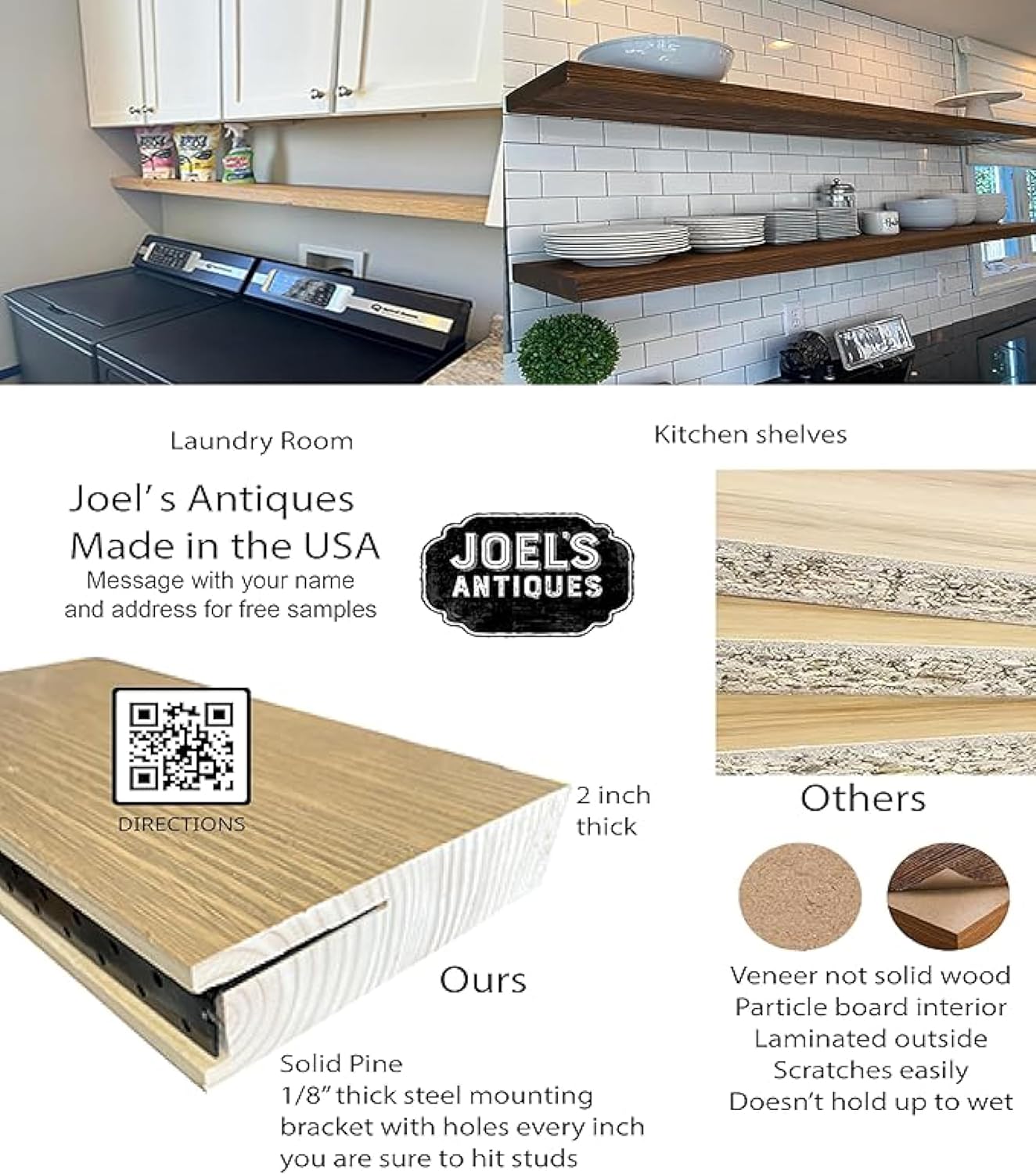 joelsantiques 48 Inch Wooden Floating Shelves for Wall - 48x6x2 in - Made of Natural Wood - Long Heavy Duty Rustic Wall Shelves for Bedroom - Perfect for Living Room, Kitchen - Natural