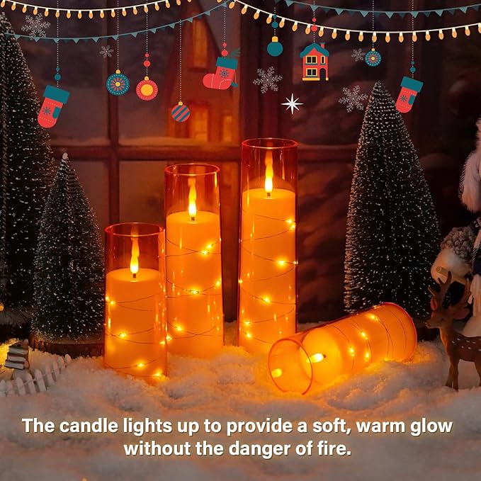 Flameless LED Candles with Timer 9 Pc Flickering Flameless Candles for Romantic Ambiance and Home Decoration Stable Acrylic Shell,with Embedded Star String，Battery Operated Candles（Orange）