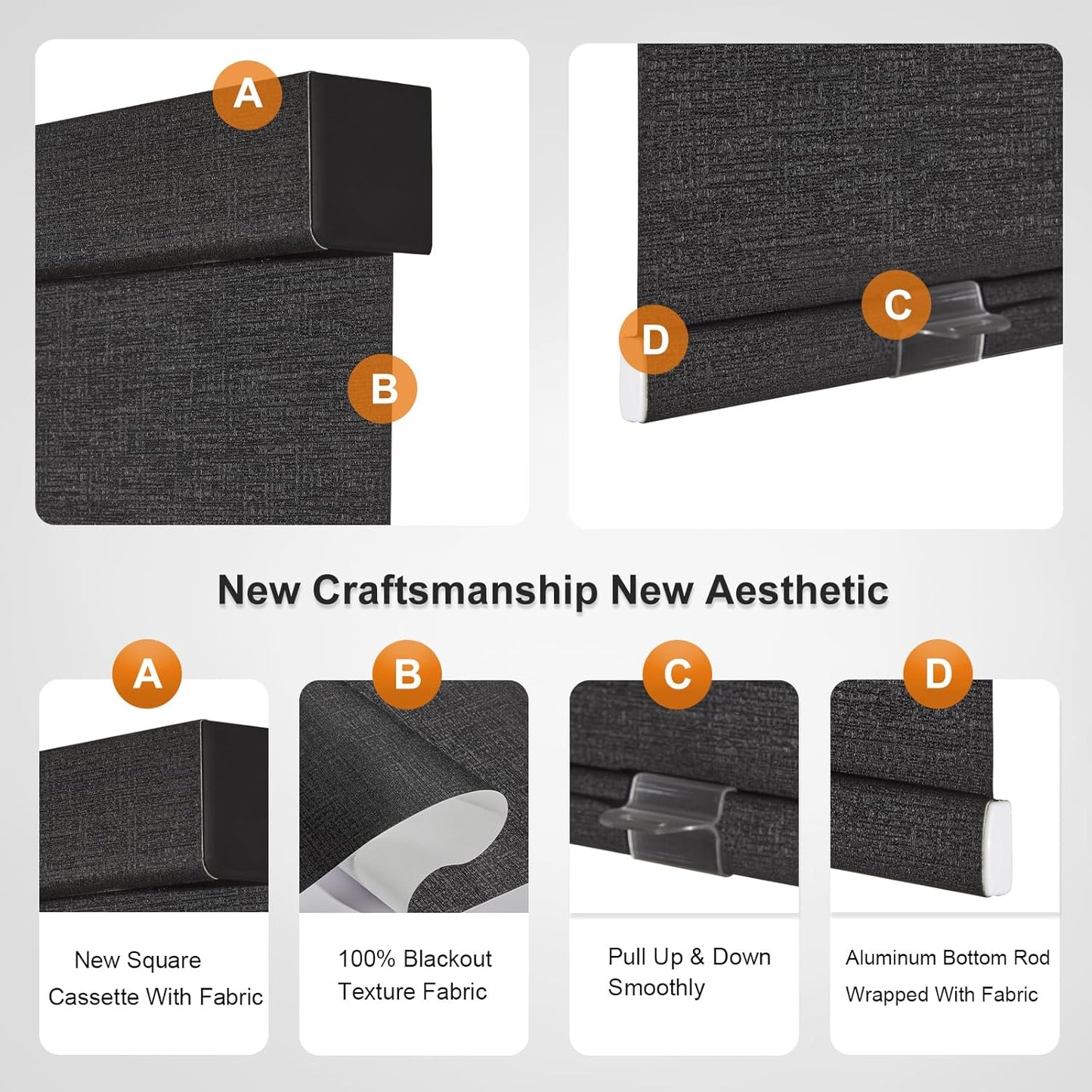 Persilux Free-Stop Cordless Blinds for Indoor Windows with Cover, Window Shades Blackout Roller Blinds, Thermal Insulated Fabric UV Protection for Kitchen, Office, Living Room, Black(43.5" W x 72" H)