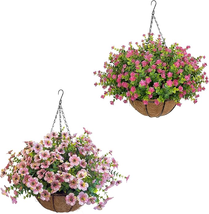 Artificial Hanging Plants Flowers with Basket 2 Packs, Artificial Hanging Flowers for Outdoors, Faux Hanging Plants Outdoor, Pink Fake Flowers, Pink&Pink