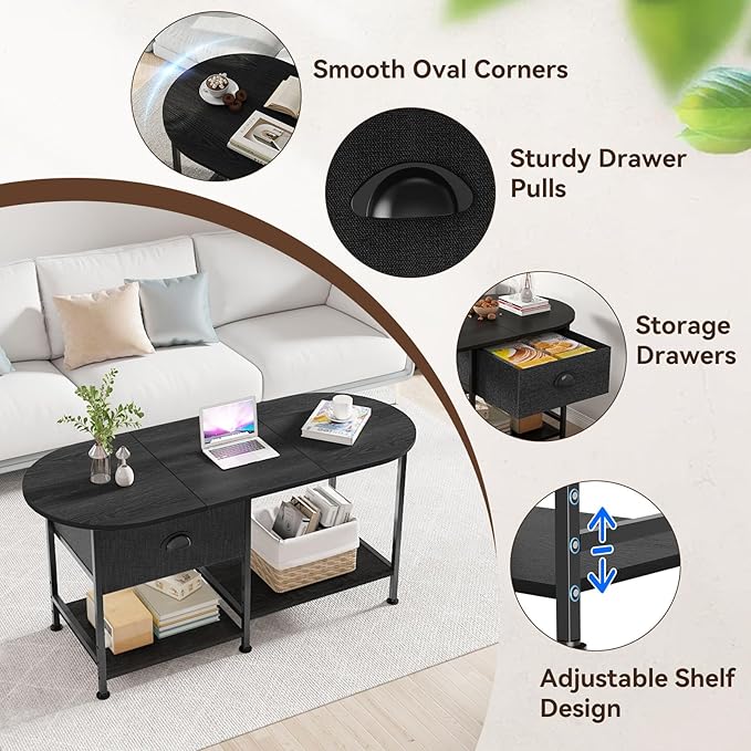 37" Oval Small Coffee Table with Storage,Modern Wood Living Room Center Table for Small Space,Apartment,Home Office,Drawer & Open Shelves,Easy Assembly,Black