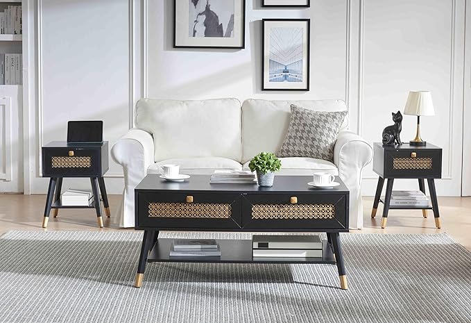 Mid Century Modern Black Coffee Table with Storage Drawers & Open Shelf, Solid Wooden Boho Rectangle Table with Metal Legs Designed for Living Room, Office, Lounge. Black Color with Golden Decor