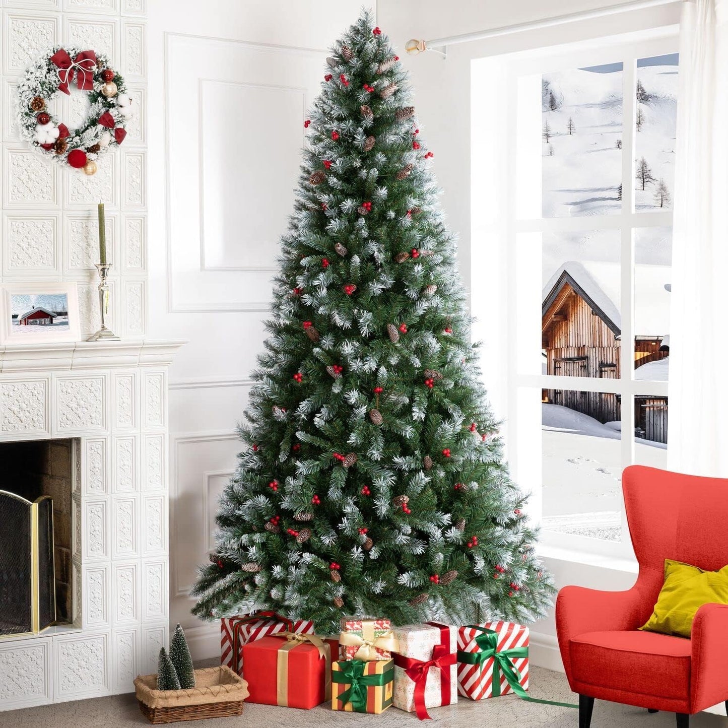 Naomi Home 7 5ft Snow Flocked Christmas Tree with Lights Realistic Spruce Christmas Tree with Pine Cones Berries Foot Pedal 1346 Branch Tips 550 Warm Lights and Metal Stand Pre Lit Xmas