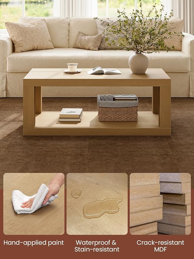 Wooden Coffee Table, 47" Rectangle Coffee Table with 2-Tier Storage Space, Large Farmhouse Center Table Space Saving, Coffee Tables for Living Room Home Office Apartment, Easy Assembly