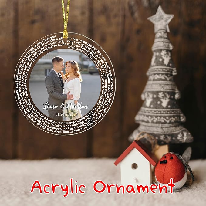Love Letter Circle Ornament – Custom Photo, Names & Date – Personalized Acrylic/Glass Ornament with Poem or Lyrics – Couple Gift
