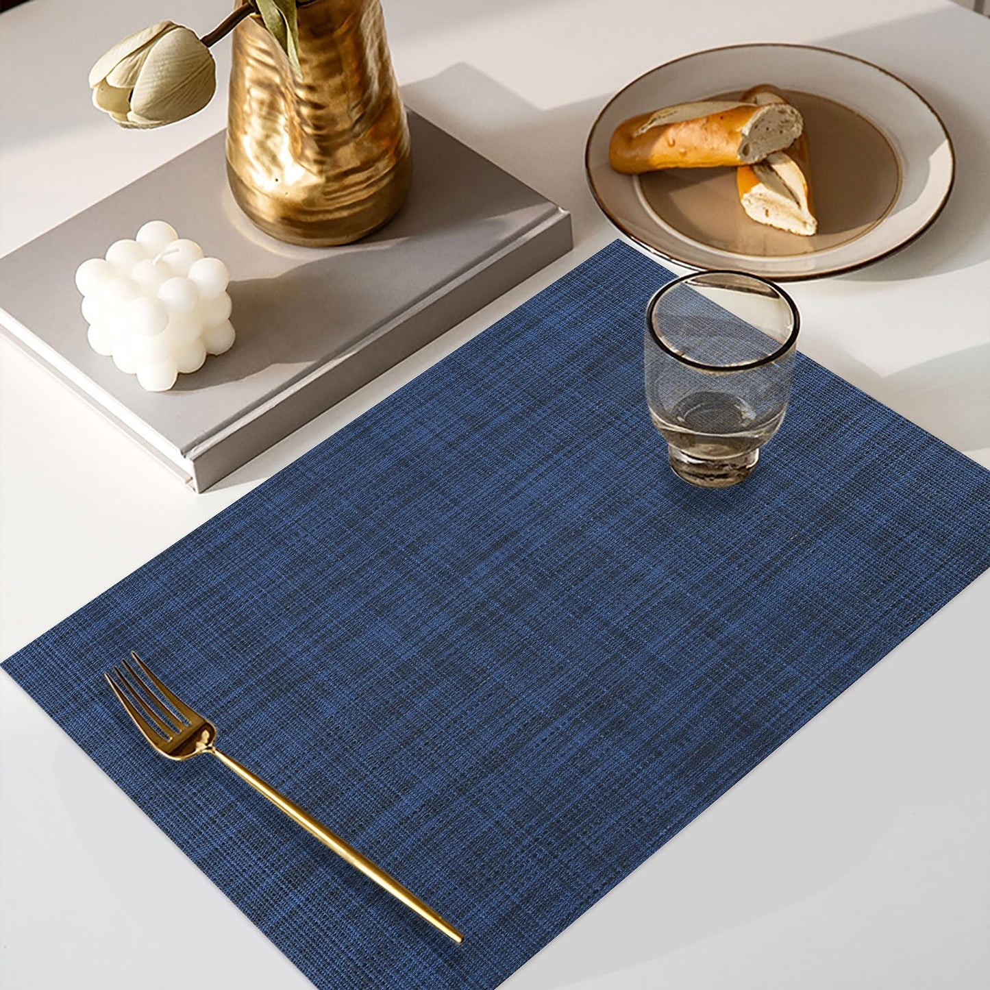 Vinyl Placemats Set of 8, PVC Woven Washable Non-Slip Table Mats, Heat Resistant Wrinkle Free Place Mats for Dining Table, Easy to Clean (8, Navy Blue)