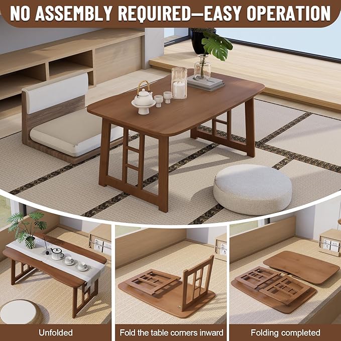 Japanese Folding Coffee Table,Bamboo Foldable Floor Low Table, Meditation Tea Table for Sitting On The Floor Suitable for Tatami Living Room Bay Window, No Assembly Required (Brown)