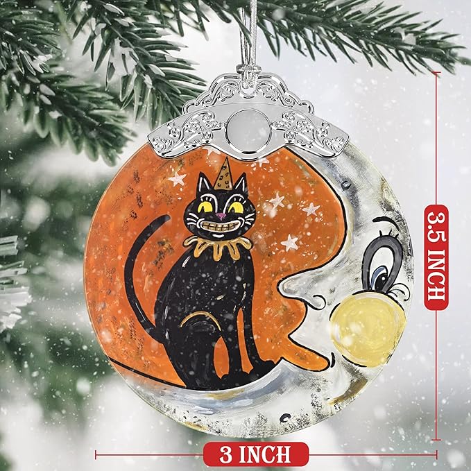 Christmas Decorations Ornaments, Stained Glass Ornament, Christmas Tree Ornaments, 2025 Gift Ornament, Xmas Gift for Friend Family Coworker - Moon and Cat