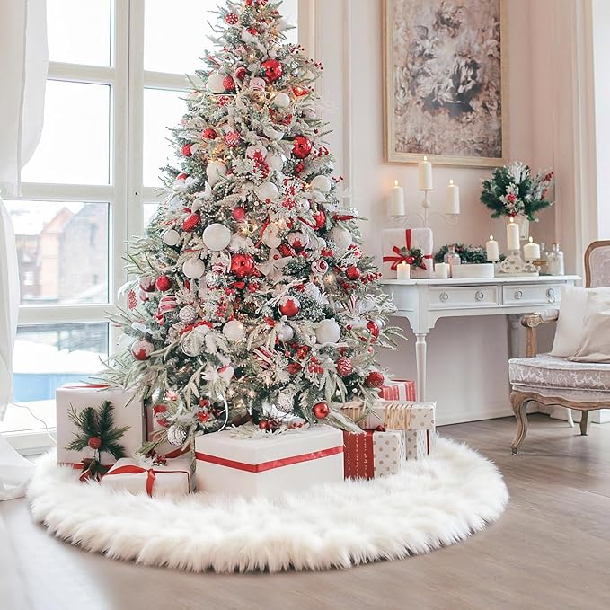 iMucci 60Inch Large Wool Fur Christmas Tree Skirt Extra Large Tree Skirt Plush White Christmas Tree Skirt for New Year Holiday Xmas Home Party Decor