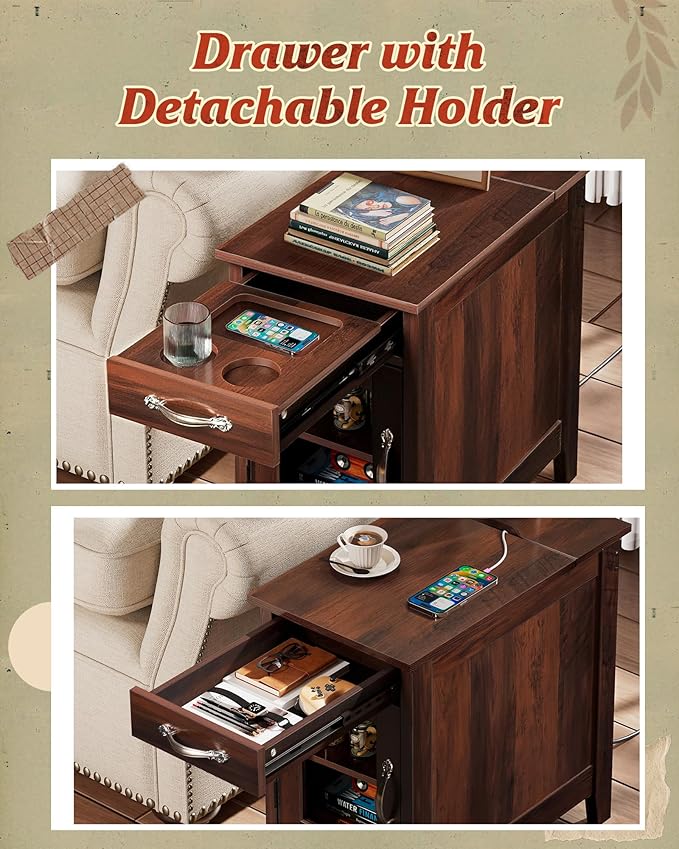 WLIVE End Table with Charging Station, Narrow Side Table for Living Room, Farmhouse Night Stand with Storage, Small Wooden Cabinet Nightstand with USB Ports and Outlets, 23.7" D x 13.78" W x 23.7" H