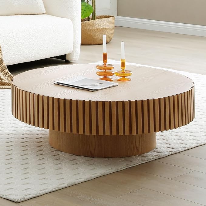 31.49" Modern Round Coffee Table,Sturdy MDF Material Pedestal Base,Fluted Wood Top,Luxury Drum Accent Table for Living Room,Kitchen,Apartment (Natural Ash,Round+Ø31.49 x13.97)