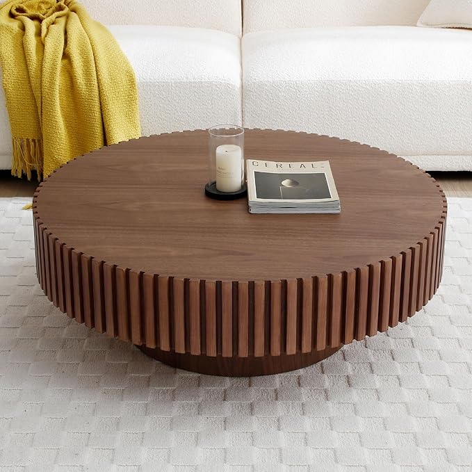 31.49" Round Wood Coffee Table for Living Room Circle Pedestal Coffee Table Mid Century Modern Fluted Accent Table for Apartment Easy Assembly (Walnut,Round+Ø31.49"x13.97")