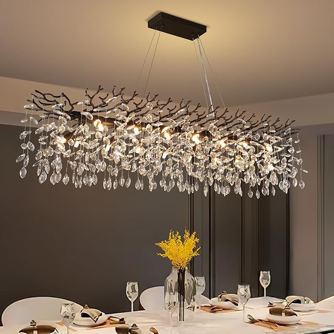 YUYI 60" Black Tree Branch Chandelier, 16-Light Rectangular Crystal Chandelier for Dining Room Kitchen Island, Luxury Modern K9 Crystal Raindrop Chandeliers Light Fixture for Living Room
