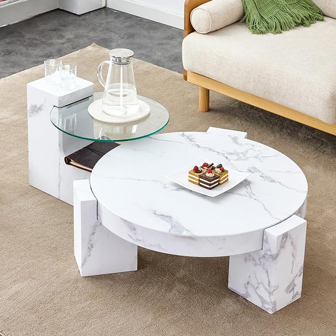 Removable Double Coffee Table Set，Modern Round Wood Coffee Table for Living Room, Farmhouse Style Side Table, Flexible Design for Any Scenario (White)