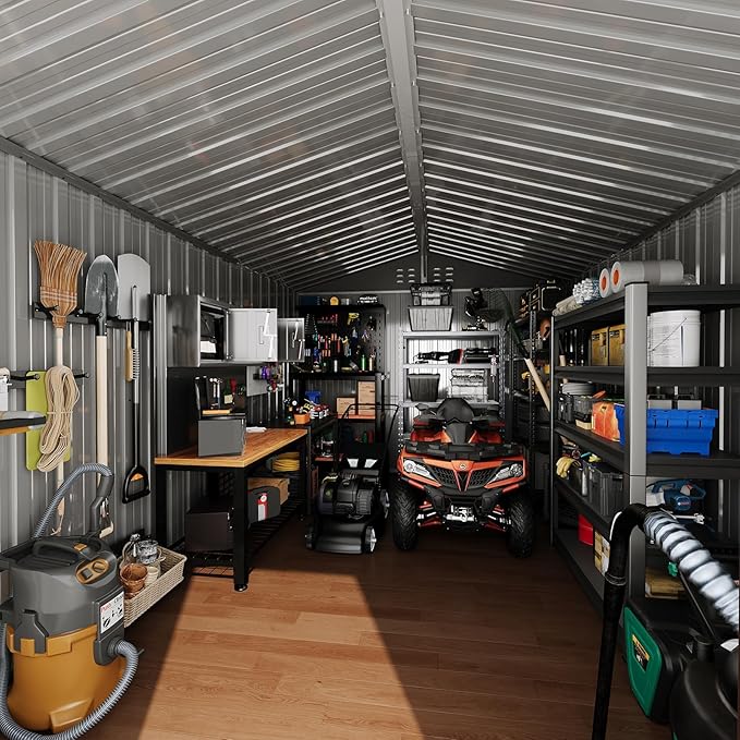 8X12 Ft Outdoor Metal Storage Shed with Roof, Weatherproof Steel Tool Shed with Lockable Door for Lawn Mower, Bike & Garden Equipment Storage