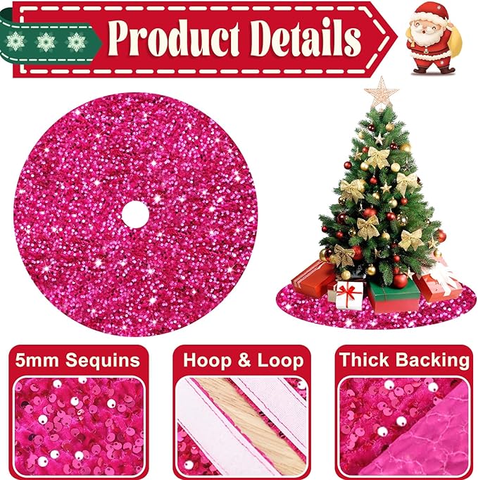 Large Christmas Tree Skirt 60 Inch Sequin Hot Pink Tree Skirt Sparkling Fabric Christmas Tree Mat Glitter Sparkle Xmas Tree Skirts Unique Glitter Xmas Tree Base Home Winter Holiday Display