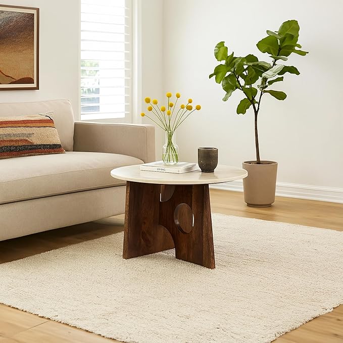 TUP THE URBAN PORT Kali Coffee Table | 27" Natural Round Marble Tabletop | Dark Brown Mango Wood Sculptural Base