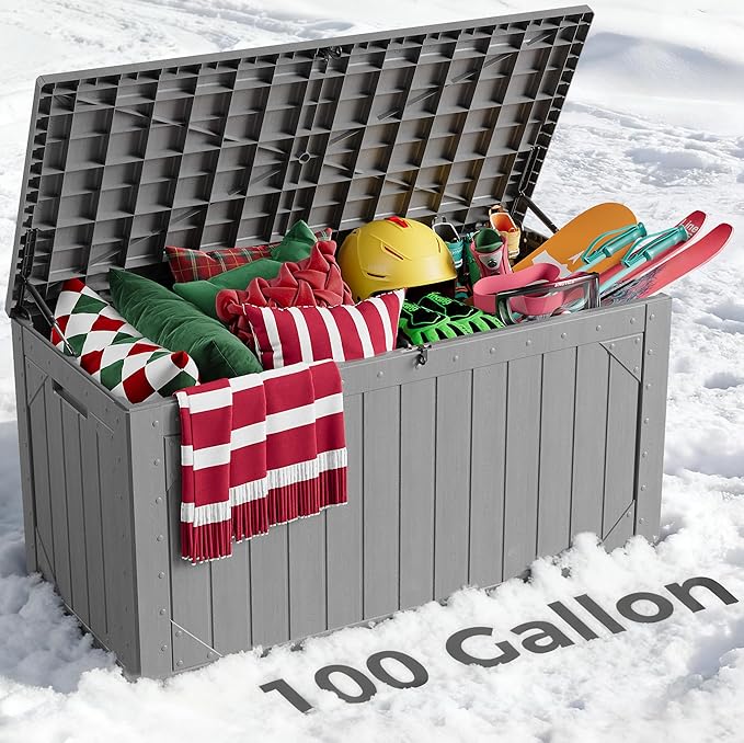 Outdoor Storage Box, 100 Gallon Deck Box Outdoor Storage Bench Outside Waterproof Resin Storage Bench, Lockable Patio Cushions, Garden Tools Storage For Furniture, UV Resistant (Gray)