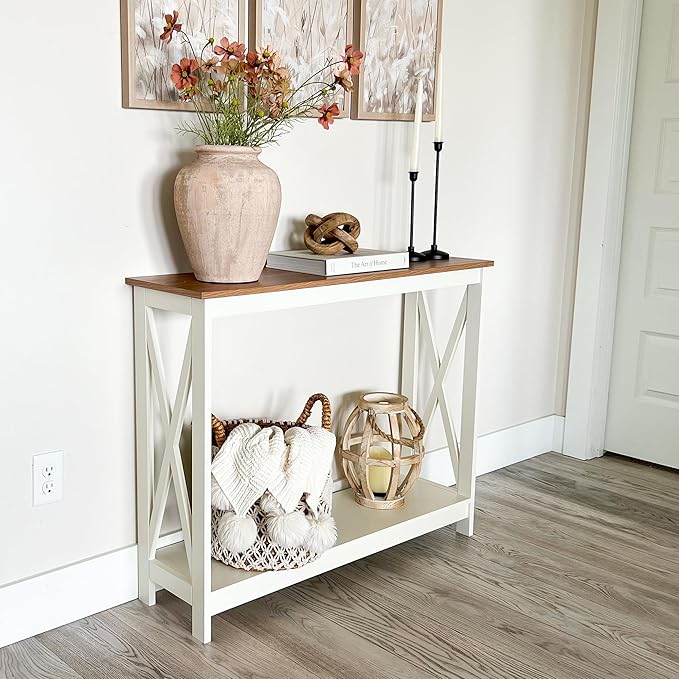 PHI VILLA White Entryway Table, Farmhouse Console Table Narrow Sofa Table Hallway, Ivory Skinny Entry Table